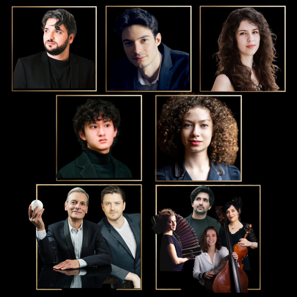 Portraits des artistes solistes de la programmation 2026 du festival Les Nocturnes du Piano : Théo Fouchenneret , Adi Neuhaus , Philippe Bianconi, Samuel Hasselhorn , Diana Cooper , Ryan Wang , Arielle Beck, Jorge Gonzalez Buajasuan, Blanche Stromboni (Contrebasse), Marion Chiron (Bandonéon) et Anne Le Pape (Violon)