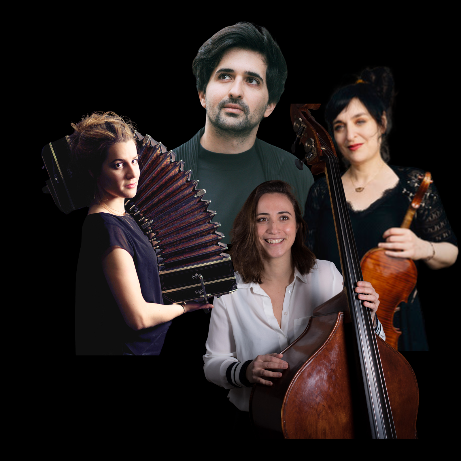 Portraits des artistes solistes de la programmation 2026 du festival Les Nocturnes du Piano : Jorge Gonzalez Buajasuan (Piano), Blanche Stromboni (Contrebasse), Marion Chiron (Bandonéon) et Anne Le Pape (Violon)
